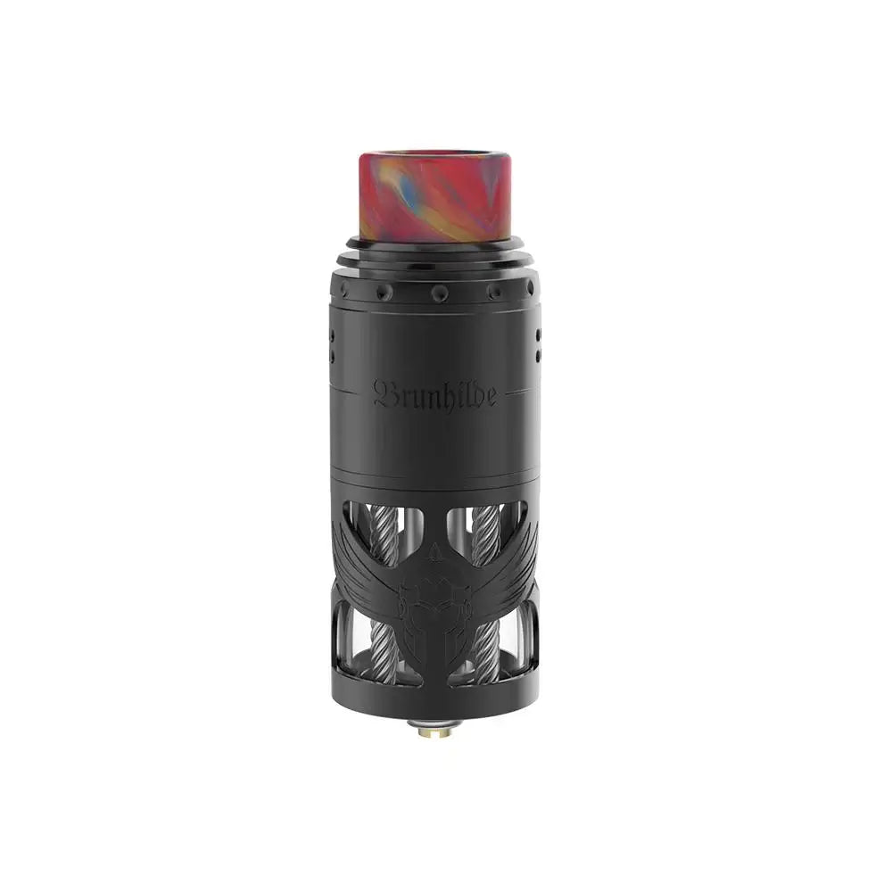 Brunhilde Top Coiler RTA in black with colorful drip tip, showcasing premium design and advanced vaping technology.